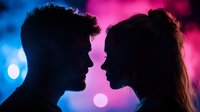 Romantic silhouette of young couple face to face against vibrant pink and blue bokeh background, intimate moment captured in dramatic lighting creates dreamy atmosphere.