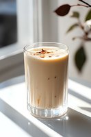Creamy iced latte with chocolate sprinkles in tall glass on white windowsill, natural sunlight casting soft shadows through leaves, minimalist drink photography.