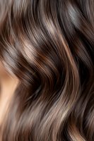 Luxurious wavy brown hair with subtle highlights showing natural movement and shine, close-up texture view for beauty and haircare advertising.