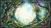 Enchanted forest clearing with magical trees forming circular frame, mystical woodland scene with golden light, fantasy nature background for storytelling projects.