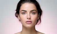 Young woman with natural makeup, glowing skin and pink lips poses against light background, showcasing clean beauty and fresh complexion for cosmetic advertising.