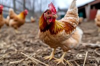 Brown and red rooster with bright comb walking on farm ground with straw and hay, other chickens in background, shallow depth of field farm photography.