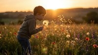 Child blowing dandelion seeds in wildflower meadow at golden hour sunset, capturing carefree childhood moments and nature exploration for editorial and lifestyle content.