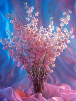 Delicate pink cherry blossoms arranged in crystal vase against dreamy blue and pink background, creating romantic atmosphere for wedding decor.