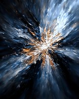 Dynamic abstract explosion in blue and gold tones creates powerful cosmic burst effect, radiating energy from central point against dark background. For modern wall art.