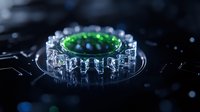 Glowing green ring surrounded by crystal-like structures on dark reflective surface with bokeh light effects creates futuristic technological atmosphere.