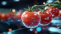 Fresh ripe tomatoes with water drops and splashes on dark background with bokeh lights, macro photography for food and restaurant advertising.