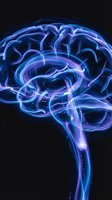 Glowing neon brain with electric blue and purple light effects on black background for neuroscience, artificial intelligence and medical concepts.