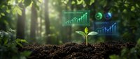 Young green plant seedling growing from soil with digital sustainability charts and graphs overlay in natural forest environment for eco business growth.