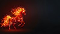 Fiery horse silhouette with flames and ornate patterns galloping on dark background for fantasy designs and mystical artwork projects.