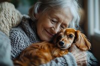 Senior Asian woman with gray hair wearing knit sweater embracing small brown dachshund dog while relaxing at home, expressing joy and companionship in warm natural lighting.