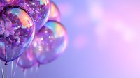 Festive transparent balloons filled with purple cherry blossoms and glitter against dreamy purple background, creating magical party atmosphere. Perfect for celebrations.