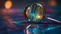 Magnifying glass revealing futuristic cityscape with glowing neon lights and reflections on dark surface against blurred bokeh background. Modern urban concept.