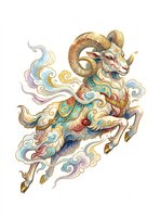 Ornate ram with curved horns and decorative swirls in gold, blue, and red tones, isolated on transparent background. Ready for t-shirt design, clipart, stickers, sublimation, and print-on-demand products.