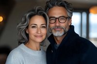 Happy mature couple embracing at home, middle-aged woman and man with gray hair smiling together in cozy living room setting for lifestyle content.