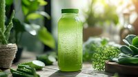 Fresh green smoothie with condensation in glass bottle surrounded by organic ingredients and plants on wooden surface in natural light.