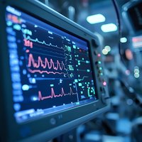 Medical monitor displaying vital signs with ECG waves and patient data in intensive care unit, dramatic blue lighting creates urgent hospital atmosphere.