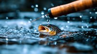 Trout fish with open mouth catching bait from fishing rod in splashing water, dramatic blue tones capturing the excitement of freshwater fishing.