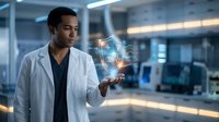 Middle-aged Hispanic male doctor in white coat interacting with futuristic holographic medical interface in modern hospital laboratory setting.