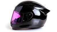 Black motorcycle helmet with pink visor isolated on white background. Modern protective gear for bikers featuring aerodynamic design and glossy finish.