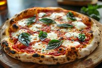 Traditional Neapolitan pizza with melted mozzarella, tomato sauce and fresh basil leaves on rustic wooden board, featuring charred crust and authentic preparation.