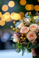Peach roses and orange berries wedding bouquet with bokeh lights background, romantic floral arrangement featuring delicate blooms and greenery for celebrations.