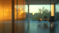 Blurred modern office interior with glass walls and sunset light creating atmospheric bokeh effect, empty workspace with warm evening glow.