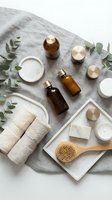 Spa and wellness products arranged on marble and linen with eucalyptus leaves, featuring oils, creams, candles, towels and brush for skincare routines.
