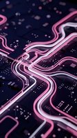 Abstract pink neon light trails flowing over dark circuit board with glowing electronic components and bokeh effects for technology backgrounds.