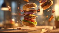 Exploding burger with beef patty, cheese, tomato, lettuce, and onion on sesame seed bun against blurred restaurant background.