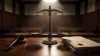 Scales of justice with gavel and legal documents on wooden desk in courtroom setting. Professional law office atmosphere for legal services.