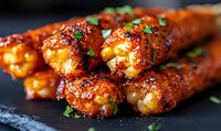 Spicy buffalo chicken wings with hot sauce glaze and fresh herbs garnish on dark slate plate, macro food photography for restaurant menu.