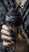 Gothic ice cream cone with purple swirl and dark decorative elements held by woman with black manicured nails for Halloween dessert and spooky food concepts.