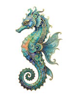 Ornate seahorse with intricate turquoise, gold, and blue decorative patterns isolated on white background, suitable for design projects and clipart applications.