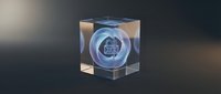 Transparent cube with glowing digital clock face inside, isolated on dark background for design and technology projects.