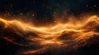 Golden glowing particles forming abstract wave pattern against dark background, flowing energy stream with sparkling light effects and magical dust.