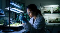 Female scientist in white lab coat examining plant samples under grow lights in modern laboratory for agricultural research and biotechnology studies.