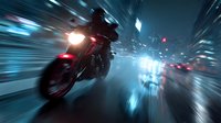 Motorcyclist speeding through night city streets with motion blur effect creating sense of extreme speed and urban energy.