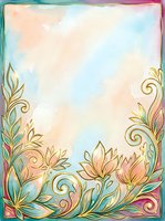 Watercolor floral border frame with gold outline flowers and swirls in pastel teal and pink tones, copy space for text or design.