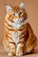 Adorable orange tabby kitten with bright yellow eyes sitting upright against warm beige background. Fluffy striped fur pattern with white chest markings for pet photography.