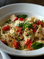 Fresh pasta with cherry tomatoes, mozzarella cheese and basil leaves in white bowl. Italian cuisine dish with herbs and parmesan for restaurant menu.