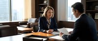 Mature woman with blonde hair and man in business suits discussing documents at wooden desk in modern office with city skyline view, suitable for corporate, legal, and business communication concepts.