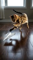 Tabby cat playing with shadow on wooden floor indoors near window, domestic pet enjoying sunlight and interactive play at home.