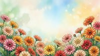 Watercolor gerbera daisies in pink, orange and yellow bloom against a soft pastel sky background with copy space for text.