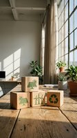 Wooden blocks with green energy and recycling icons arranged on desk in bright office space with potted plants and natural sunlight for sustainability concepts.