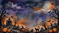 Spooky Halloween night scene with haunted house, black cat, pumpkins, bats, crescent moon, and graveyard in watercolor style.
