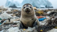 Harbor seal among plastic pollution and debris on beach with glacial background, highlighting environmental conservation and marine life impact on climate change.