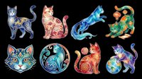 Colorful ornamental cats in Asian folk art style, isolated on transparent background. Great for stickers, t-shirt design, print on demand, clipart, and sublimation projects.