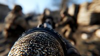 Close-up view of sniper rifle scope with blurred military personnel in background, dramatic perspective focusing on detailed optical lens texture and markings.