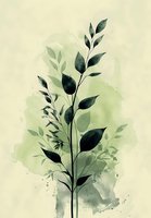 Elegant botanical silhouette of leaves and stems in dark green against soft sage watercolor background, creating serene natural wall art composition.